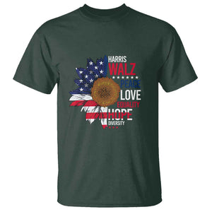 Harris Walz Supporter T Shirt Peace Love Equality Hope Diversity Sunflower USA Flag TS11 Dark Forest Green Print Your Wear