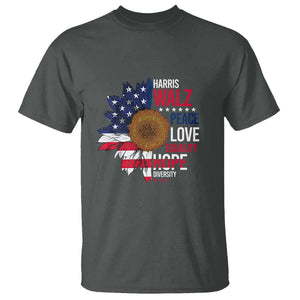 Harris Walz Supporter T Shirt Peace Love Equality Hope Diversity Sunflower USA Flag TS11 Dark Heather Print Your Wear