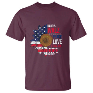 Harris Walz Supporter T Shirt Peace Love Equality Hope Diversity Sunflower USA Flag TS11 Maroon Print Your Wear