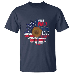 Harris Walz Supporter T Shirt Peace Love Equality Hope Diversity Sunflower USA Flag TS11 Navy Print Your Wear