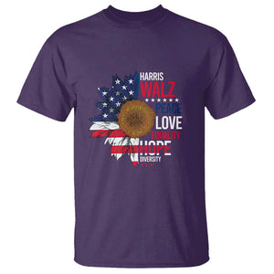 Harris Walz Supporter T Shirt Peace Love Equality Hope Diversity Sunflower USA Flag TS11 Purple Print Your Wear