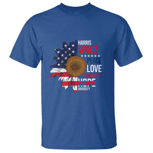 Harris Walz Supporter T Shirt Peace Love Equality Hope Diversity Sunflower USA Flag TS11 Royal Blue Print Your Wear