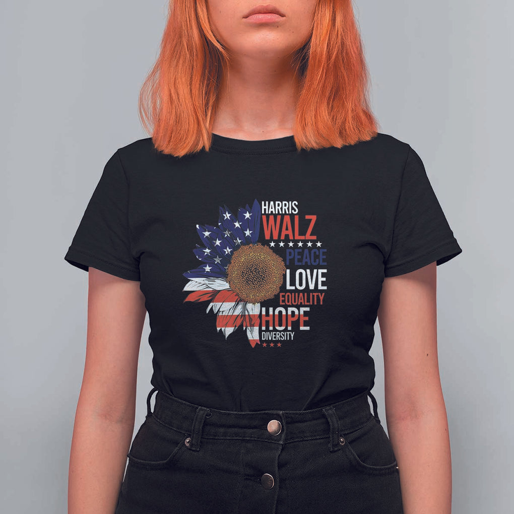 Harris Walz Supporter T Shirt For Women Peace Love Equality Hope Diversity Sunflower USA Flag TS11 Black Print Your Wear