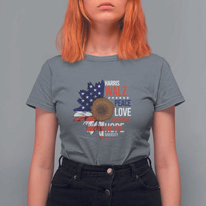 Harris Walz Supporter T Shirt For Women Peace Love Equality Hope Diversity Sunflower USA Flag TS11 Charcoal Print Your Wear