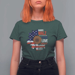 Harris Walz Supporter T Shirt For Women Peace Love Equality Hope Diversity Sunflower USA Flag TS11 Dark Forest Green Print Your Wear