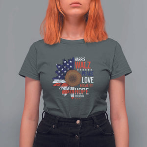 Harris Walz Supporter T Shirt For Women Peace Love Equality Hope Diversity Sunflower USA Flag TS11 Dark Heather Print Your Wear