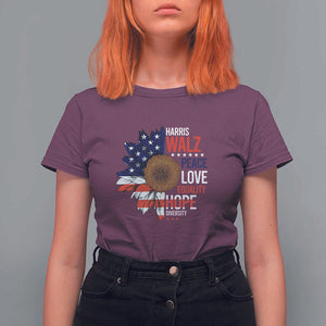 Harris Walz Supporter T Shirt For Women Peace Love Equality Hope Diversity Sunflower USA Flag TS11 Maroon Print Your Wear