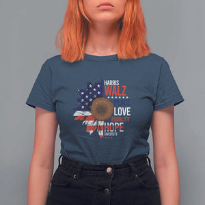 Harris Walz Supporter T Shirt For Women Peace Love Equality Hope Diversity Sunflower USA Flag TS11 Navy Print Your Wear