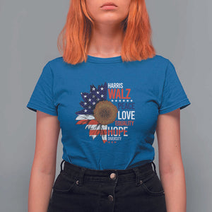 Harris Walz Supporter T Shirt For Women Peace Love Equality Hope Diversity Sunflower USA Flag TS11 Royal Blue Print Your Wear