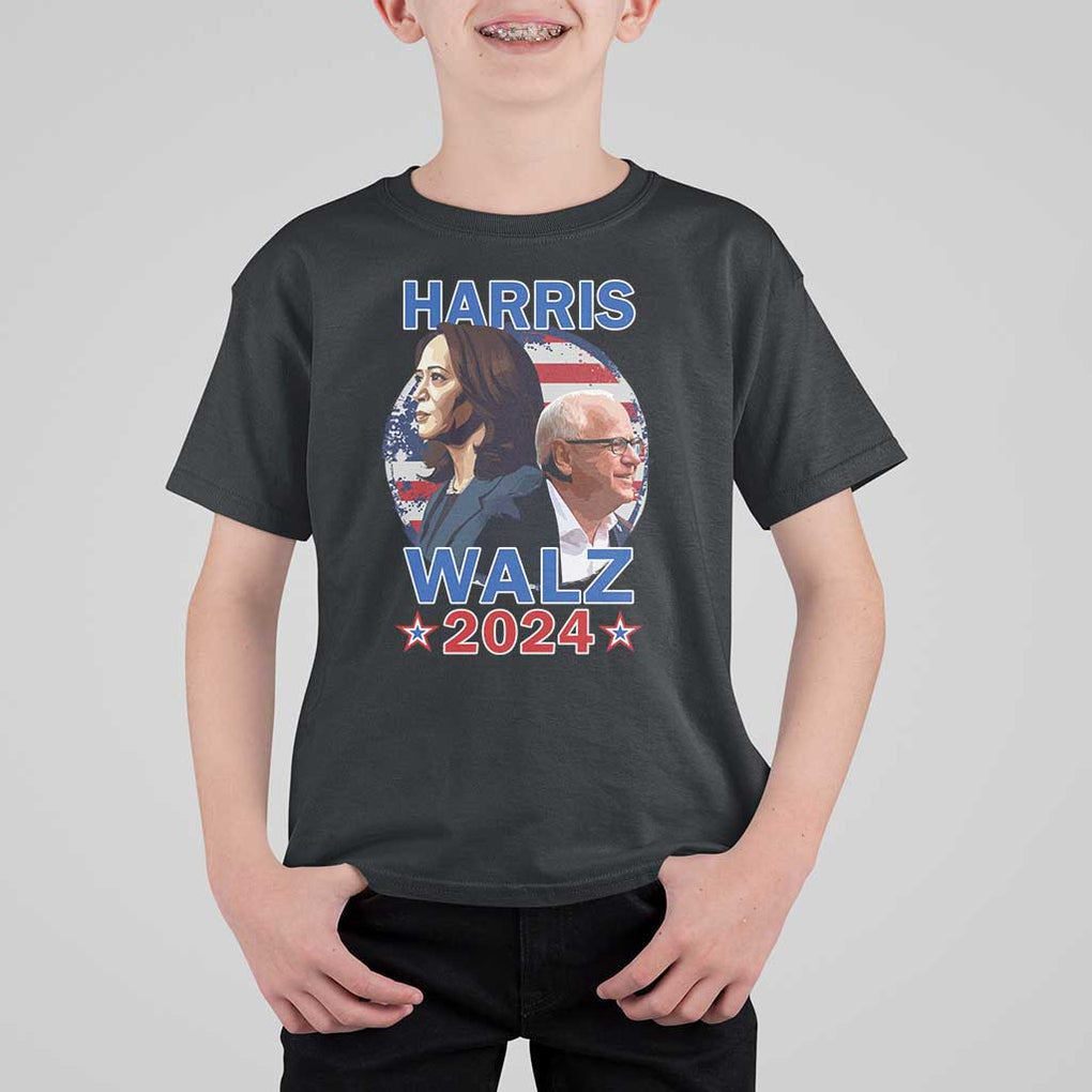 Harris Walz 2024 T Shirt For Kid Presidential Election Star USA Flag TS11 Black Print Your Wear