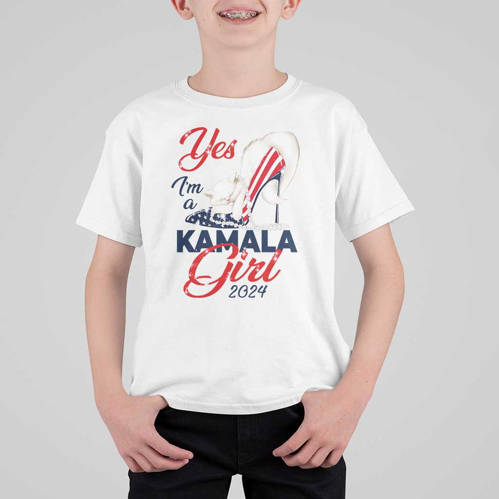 Yes I'm A Kamala Girl 2024 T Shirt For Kid High Heel Stilettos Cat Pearls American Flag TS11 White Print Your Wear