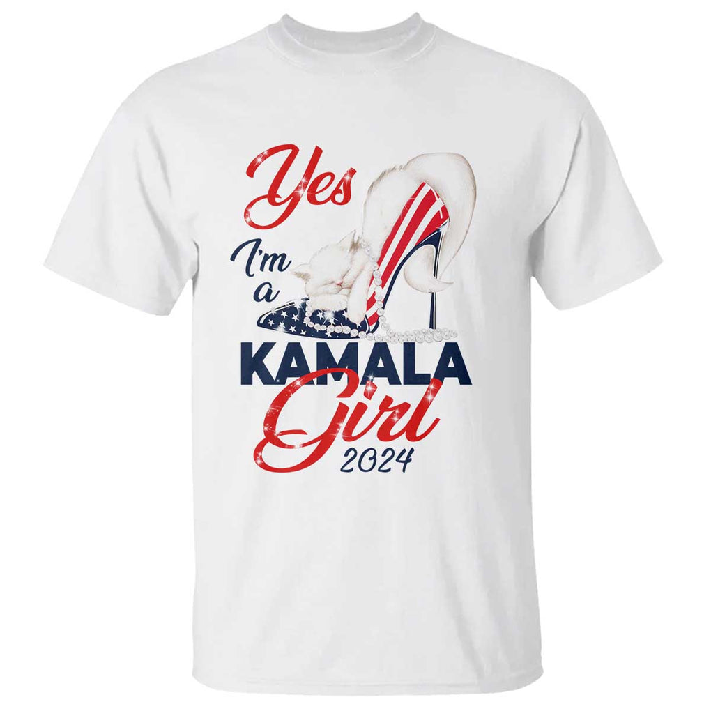 Yes I'm A Kamala Girl 2024 T Shirt High Heel Stilettos Cat Pearls American Flag TS11 White Print Your Wear