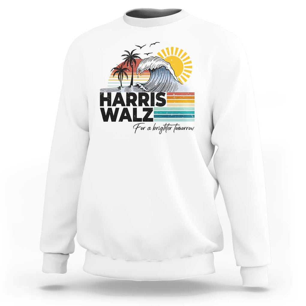 Harris Walz For A Brighter Tomorrow Sweatshirt Retro Sunshine Blue Wave Coconut Tree TS11 White Print Your Wear