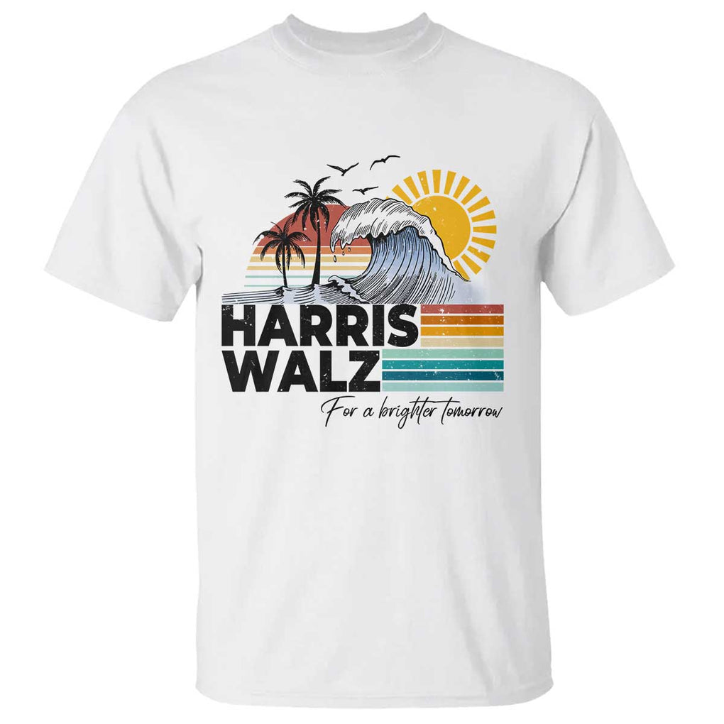 Harris Walz For A Brighter Tomorrow T Shirt Retro Sunshine Blue Wave Coconut Tree TS11 White Print Your Wear