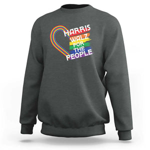 Kamala Walz Supporter Sweatshirt Harris Walz For The People Rainbow LGBT Flag Heart TS11 Dark Heather Print Your Wear