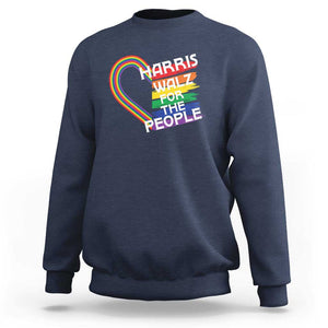 Kamala Walz Supporter Sweatshirt Harris Walz For The People Rainbow LGBT Flag Heart TS11 Navy Print Your Wear