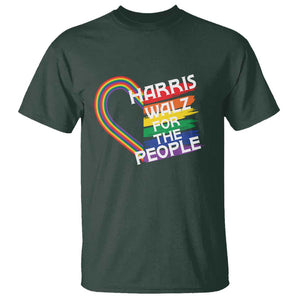 Kamala Walz Supporter T Shirt Harris Walz For The People Rainbow LGBT Flag Heart TS11 Dark Forest Green Print Your Wear