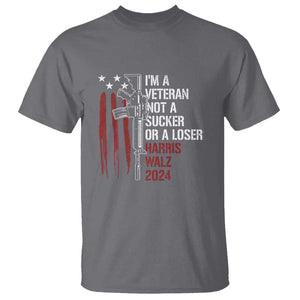 Harris Walz 2024 T Shirt I'm A Veteran Not A Sucker Or A Loser American Flag Gun TS11 Charcoal Print Your Wear