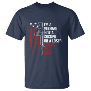 Harris Walz 2024 T Shirt I'm A Veteran Not A Sucker Or A Loser American Flag Gun TS11 Navy Print Your Wear