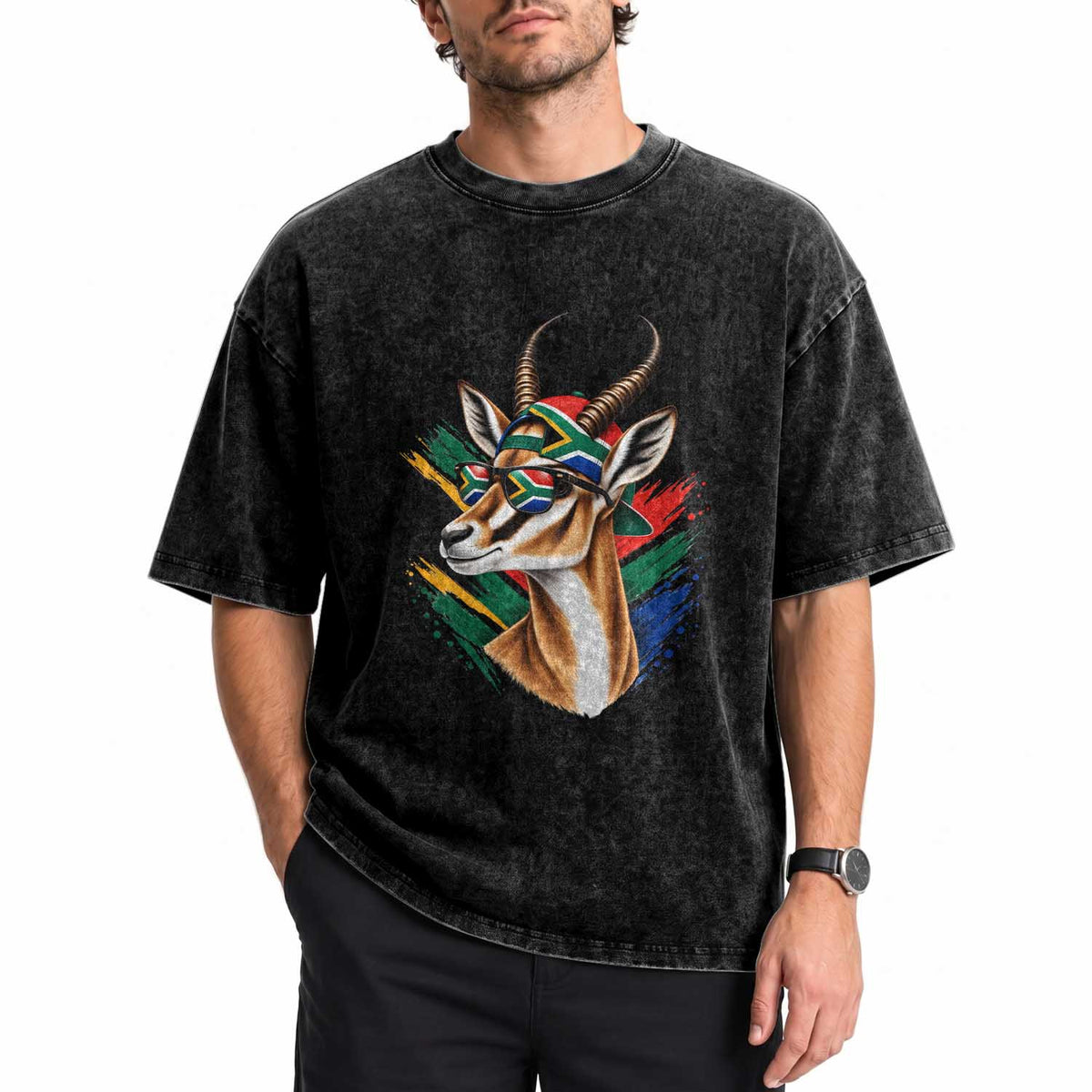 Springbok Wearing Glasses Vintage South African Flag Washed Cotton T-Shirt
