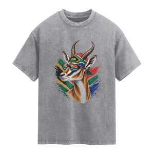 Springbok Wearing Glasses Vintage South African Flag Washed Cotton T-Shirt