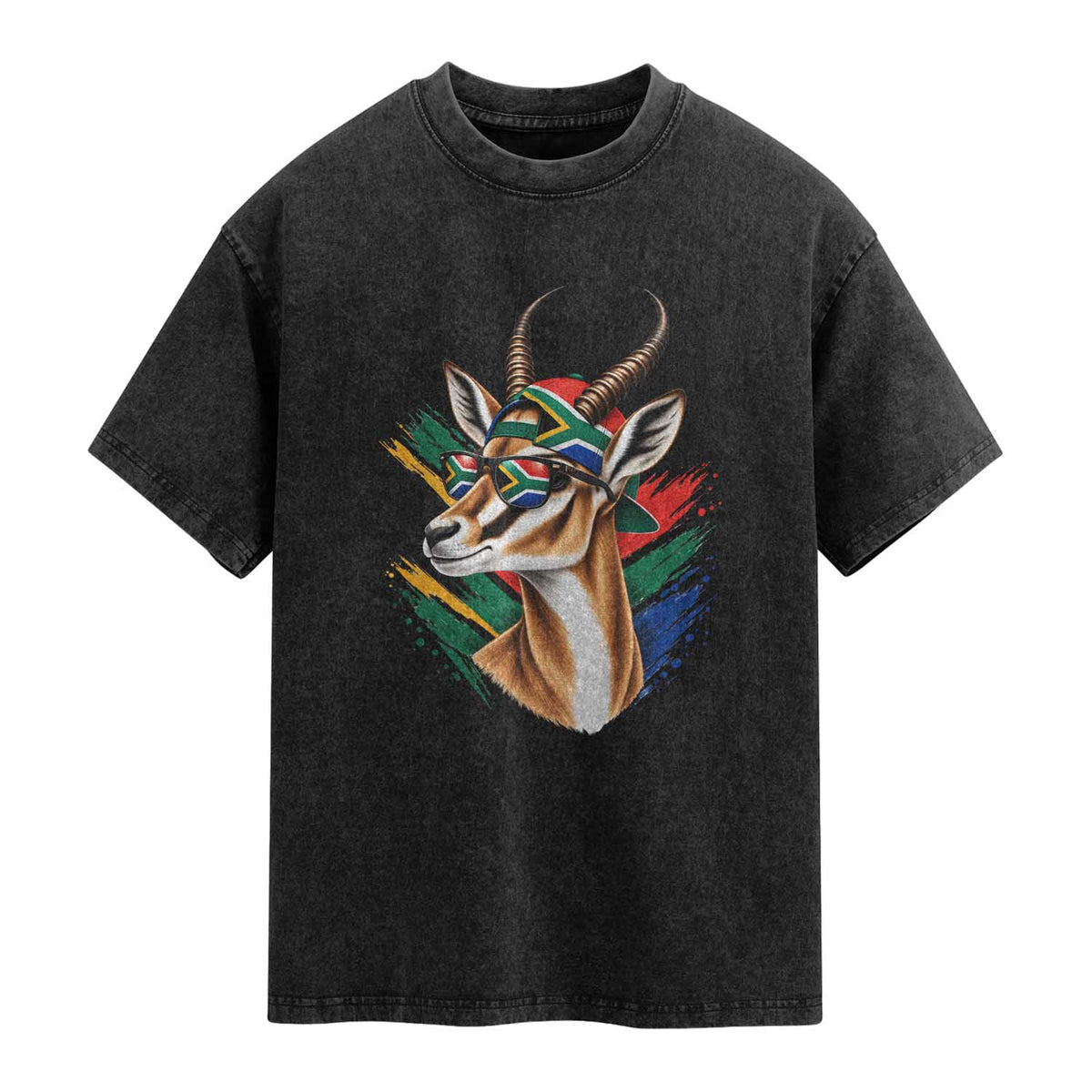 Springbok Wearing Glasses Vintage South African Flag Washed Cotton T-Shirt