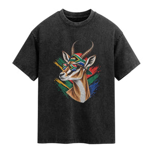 Springbok Wearing Glasses Vintage South African Flag Washed Cotton T-Shirt