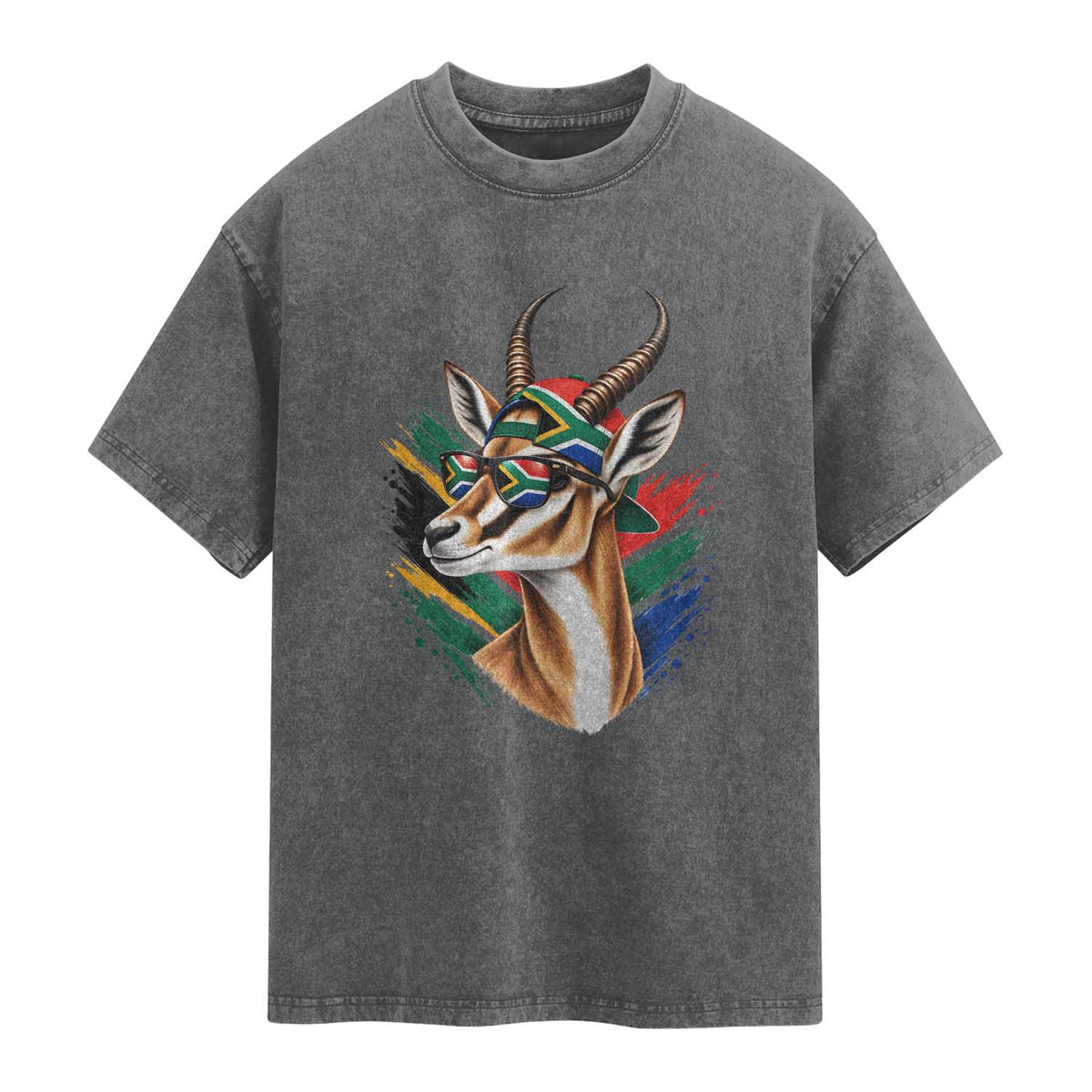 Springbok Wearing Glasses Vintage South African Flag Washed Cotton T-Shirt