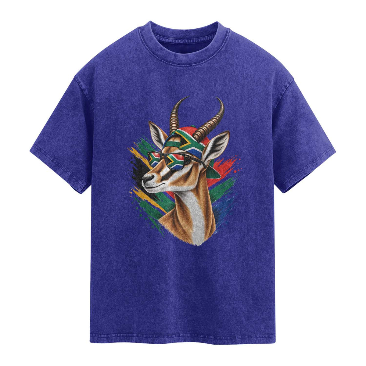 Springbok Wearing Glasses Vintage South African Flag Washed Cotton T-Shirt