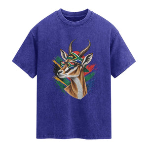 Springbok Wearing Glasses Vintage South African Flag Washed Cotton T-Shirt