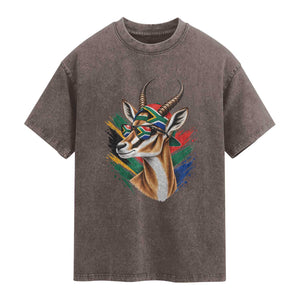 Springbok Wearing Glasses Vintage South African Flag Washed Cotton T-Shirt