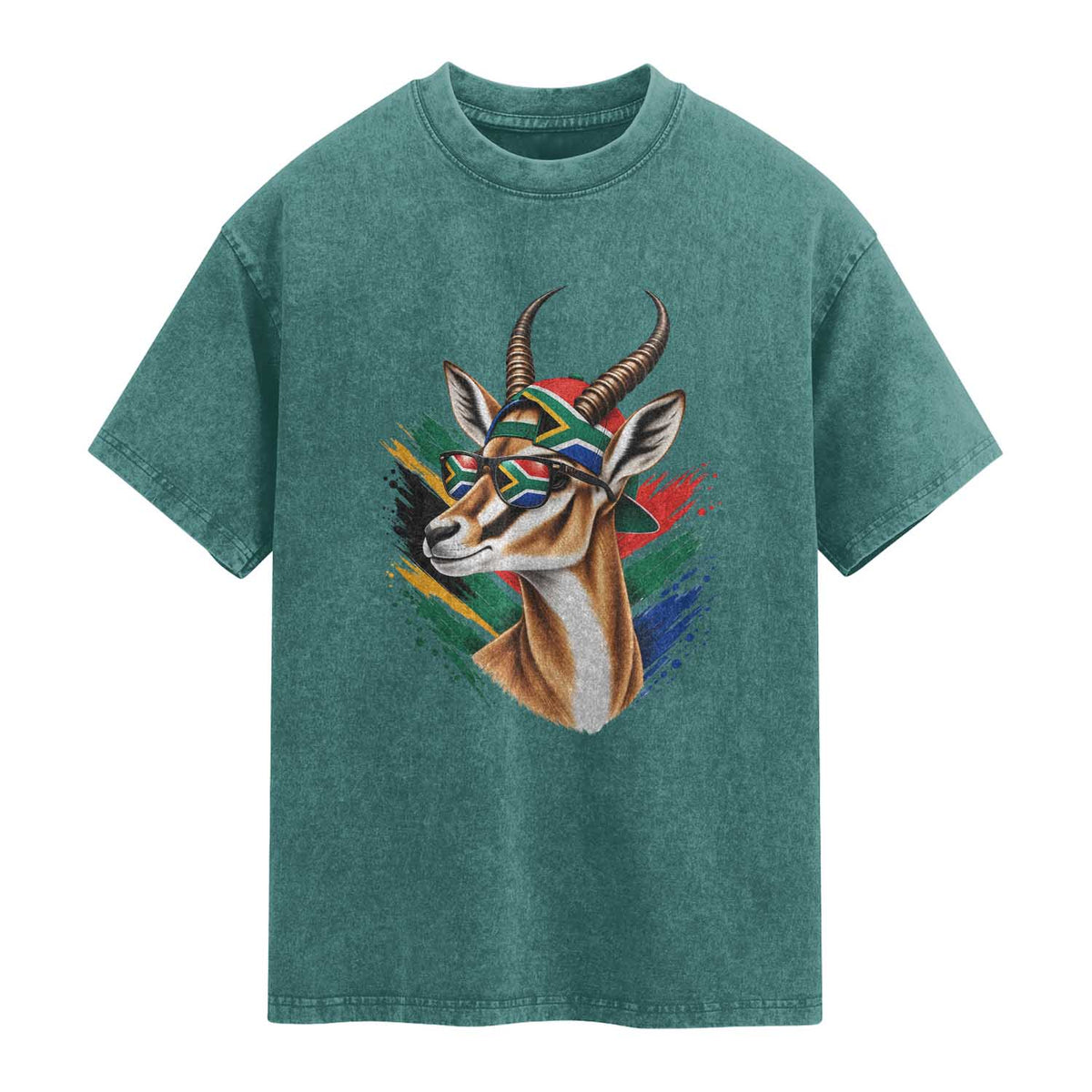 Springbok Wearing Glasses Vintage South African Flag Washed Cotton T-Shirt