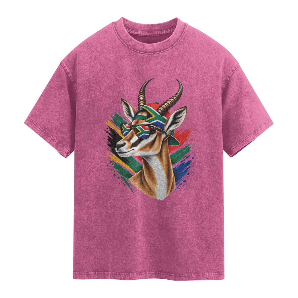 Springbok Wearing Glasses Vintage South African Flag Washed Cotton T-Shirt