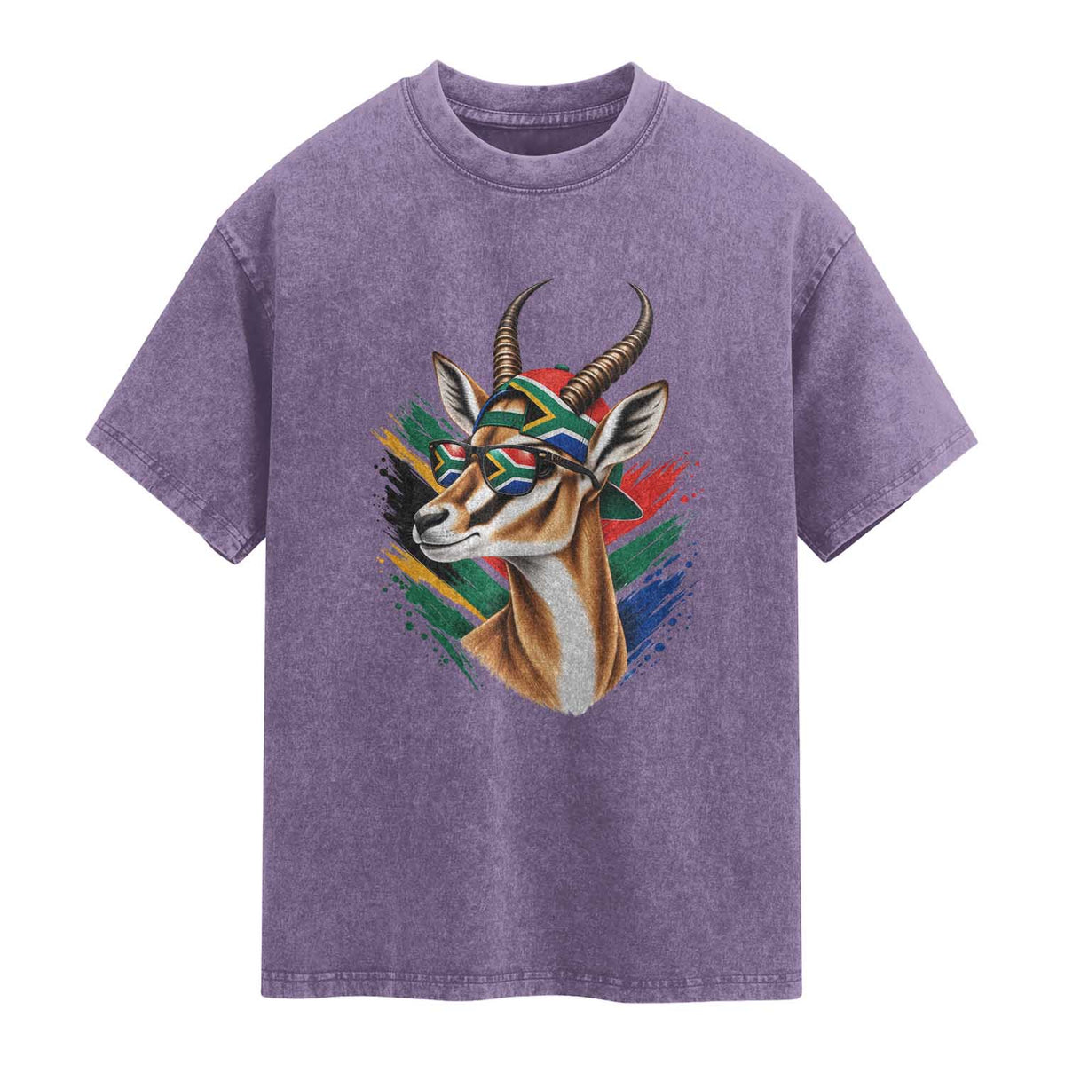 Springbok Wearing Glasses Vintage South African Flag Washed Cotton T-Shirt