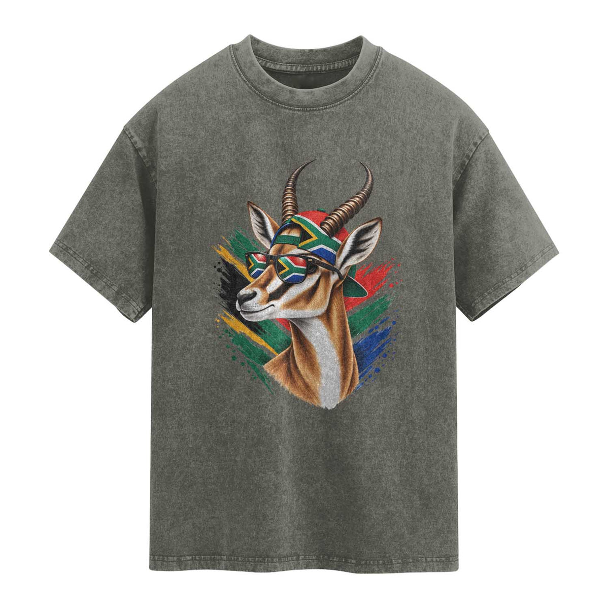 Springbok Wearing Glasses Vintage South African Flag Washed Cotton T-Shirt
