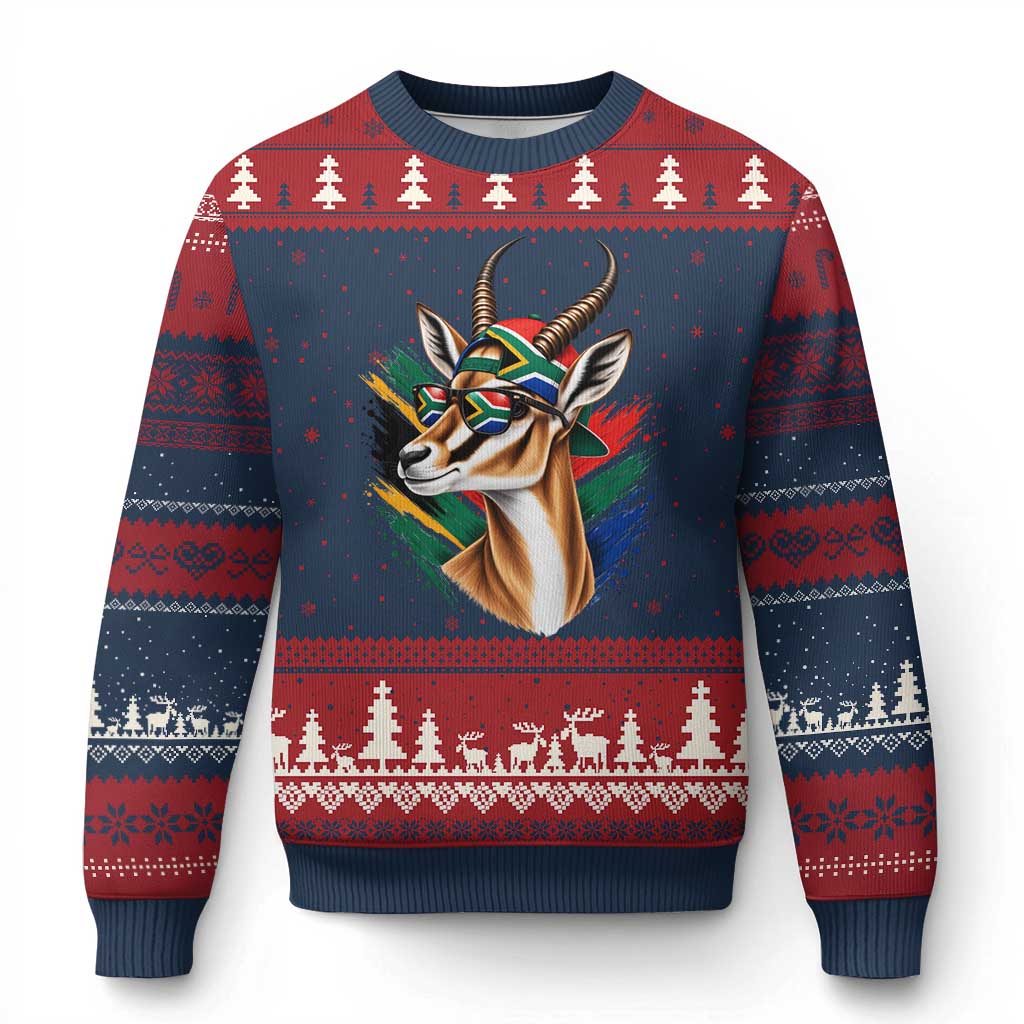 Springbok Wearing Glasses Vintage South African Flag Ugly Christmas Sweater