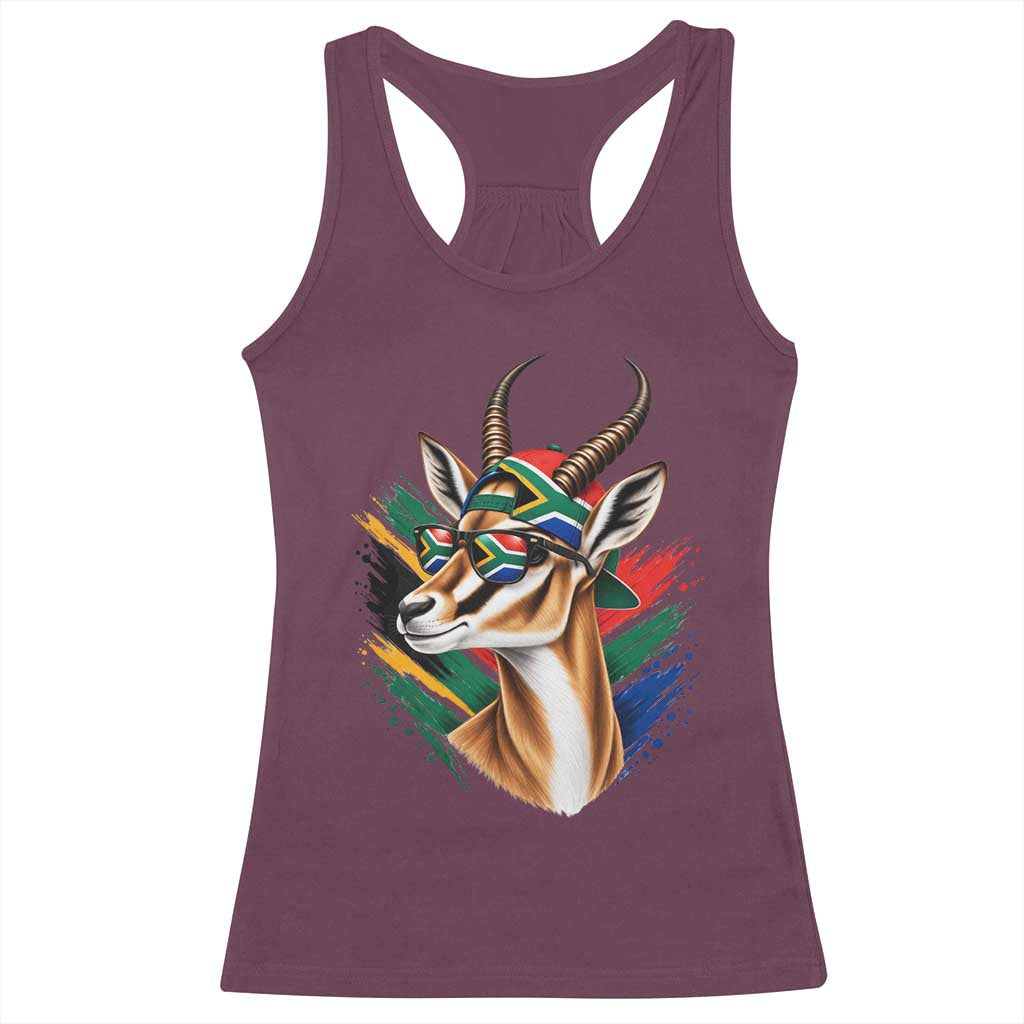 Springbok Wearing Glasses Vintage South African Flag Racerback Tank Top