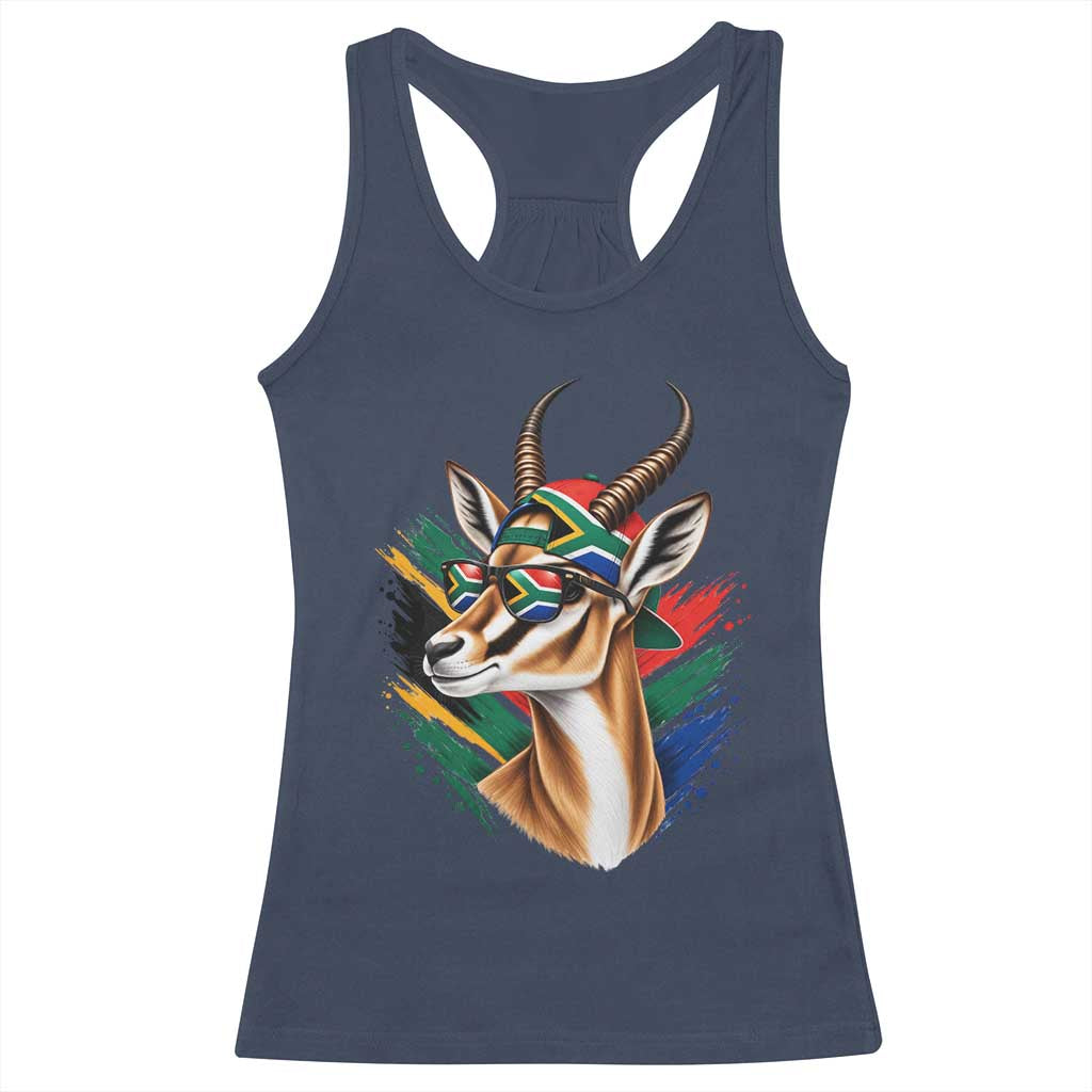 Springbok Wearing Glasses Vintage South African Flag Racerback Tank Top