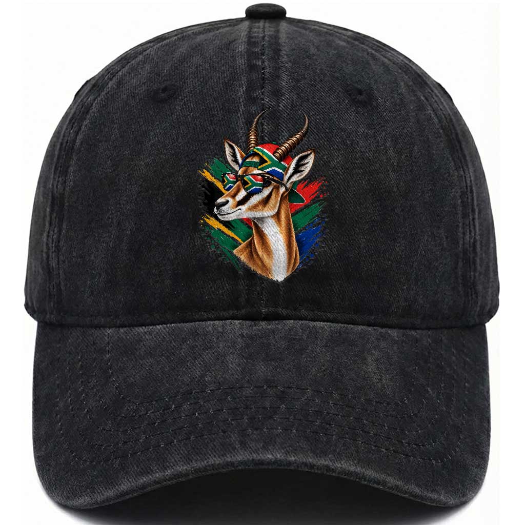 Springbok Wearing Glasses Vintage South African Flag Washed Cotton Baseball Cap