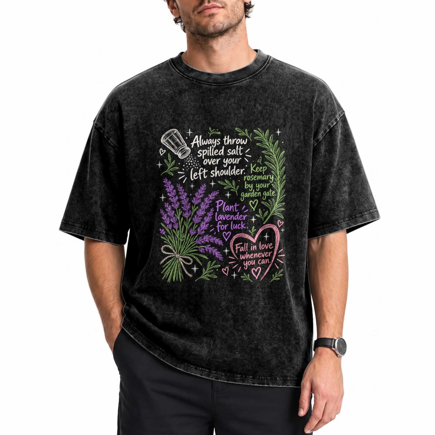 Always Throw Spilled Salt Over Your Left Shoulder Washed Cotton T-Shirt Whimsical Superstitions Witch Halloween