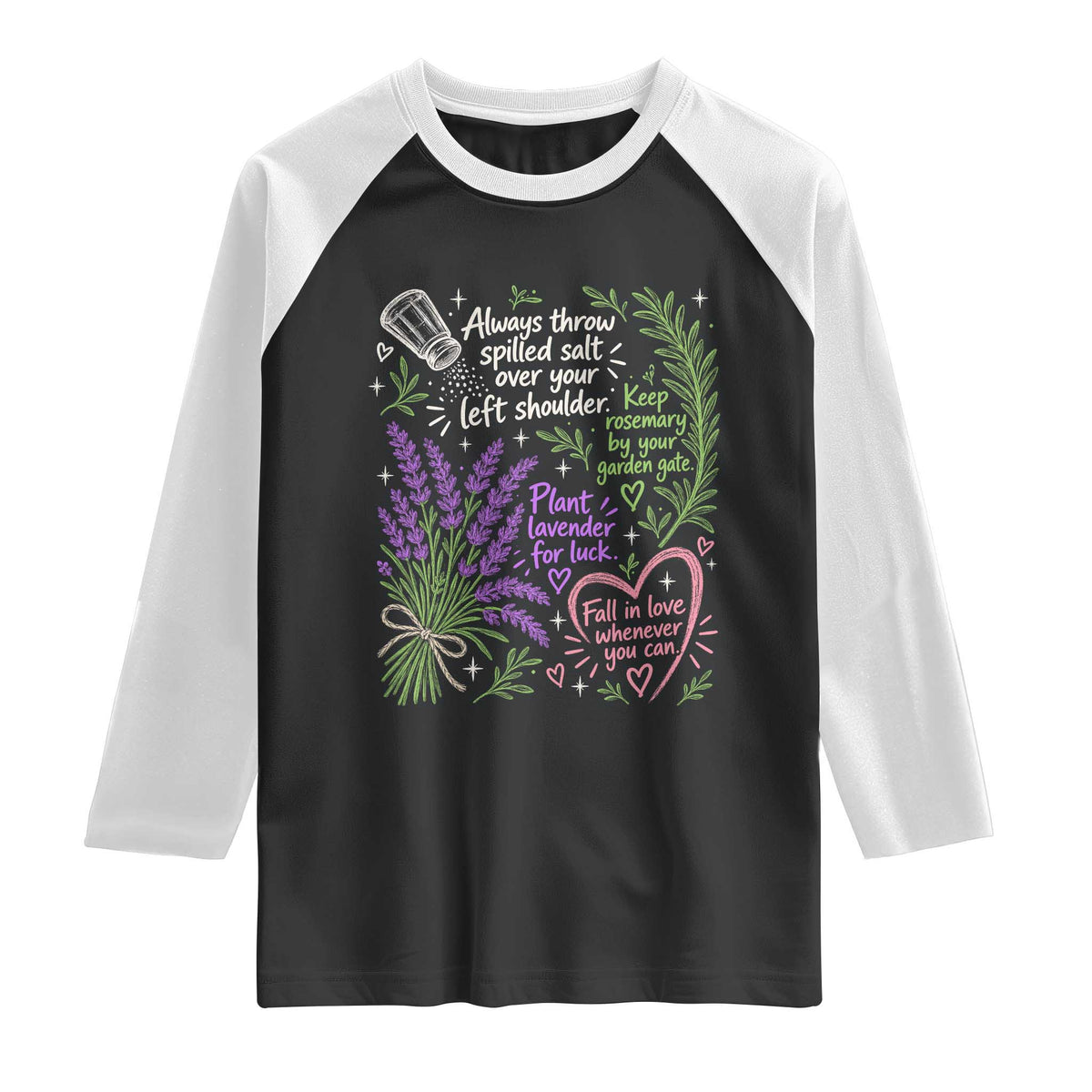 Always Throw Spilled Salt Over Your Left Shoulder Raglan Shirt Whimsical Superstitions Witch Halloween