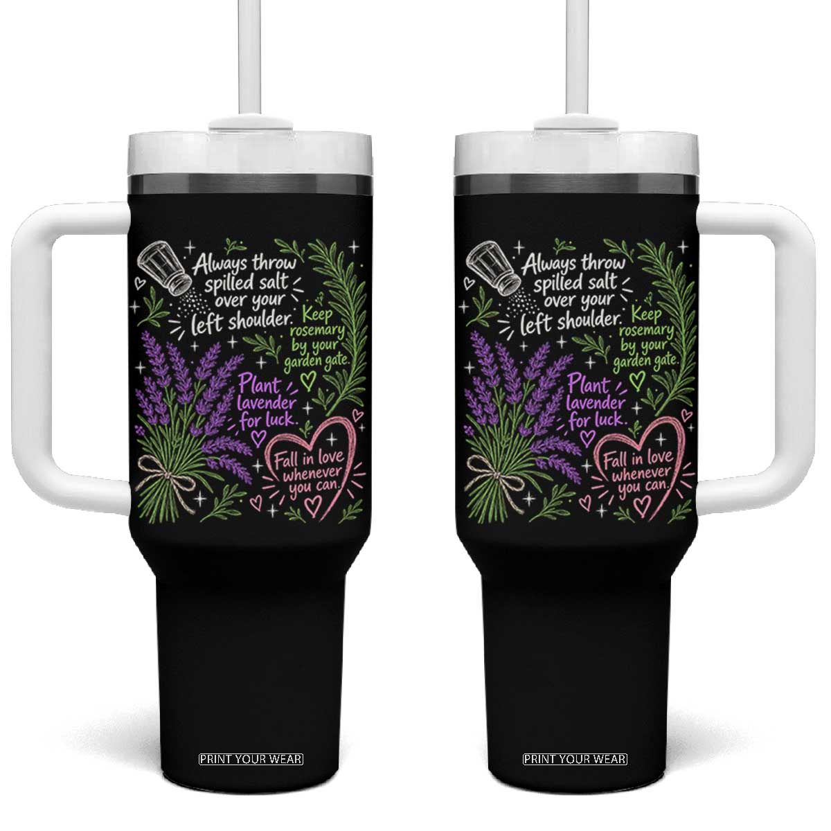 Always Throw Spilled Salt Over Your Left Shoulder Tumbler With Handle Whimsical Superstitions Witch Halloween