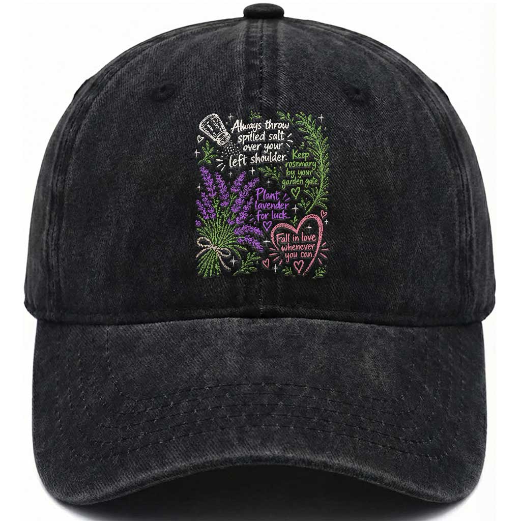 Always Throw Spilled Salt Over Your Left Shoulder Washed Cotton Baseball Cap Whimsical Superstitions Witch Halloween