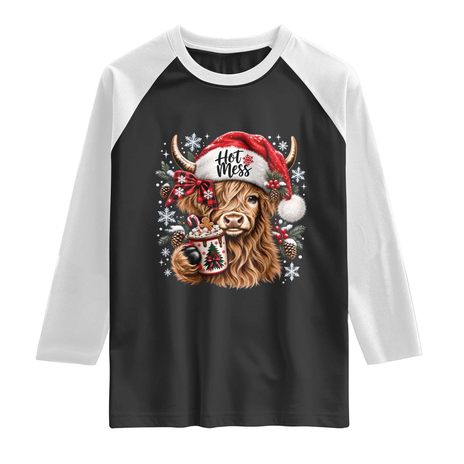 Hot Mess Christmas Highland Cow Drinking Hot Chocolate Raglan Shirt Heifer Farm Winter Season