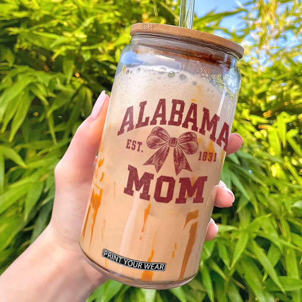 Alabama Mom Est 1831 Glass Can Coquette Bow Sports Mama Game Day
