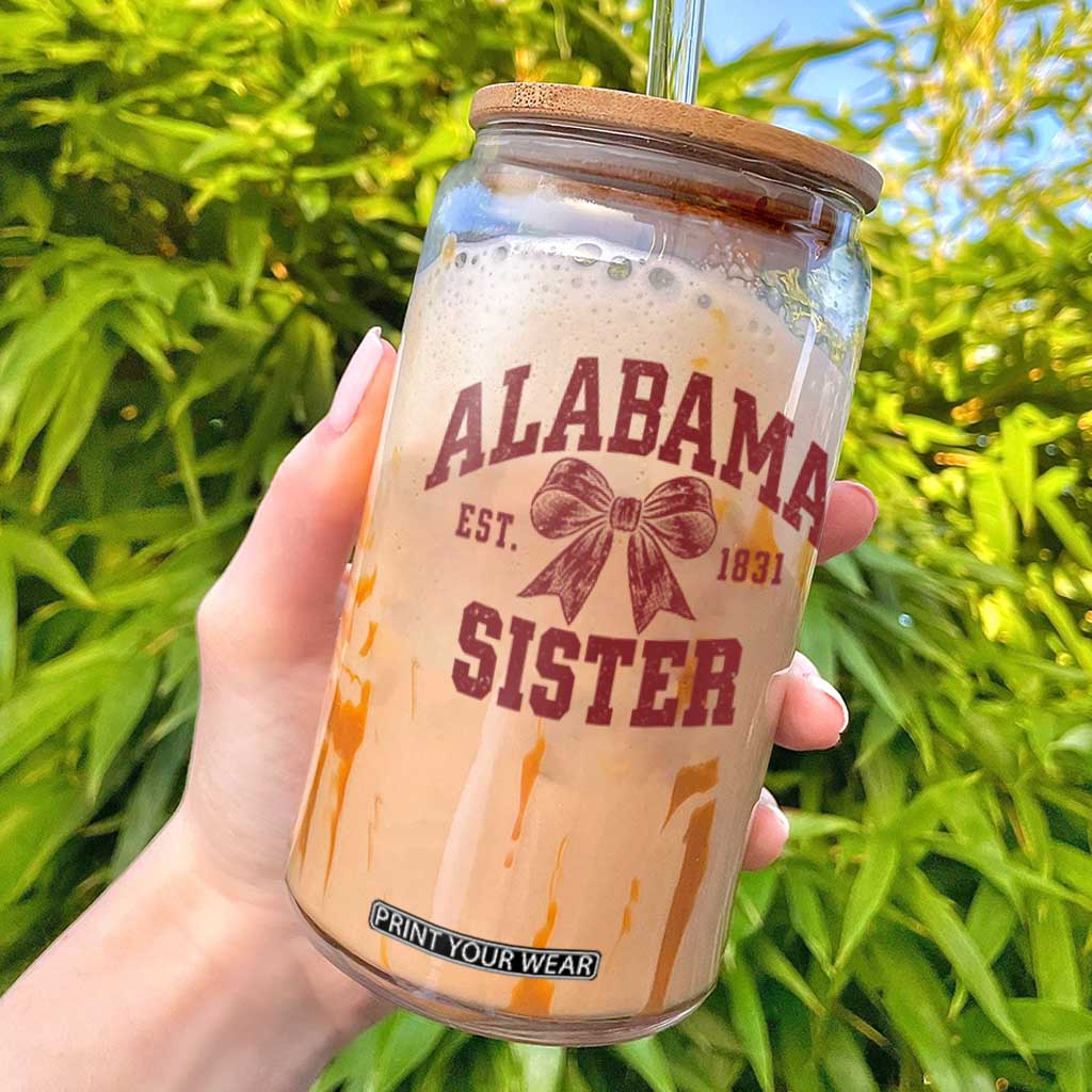 Alabama Sister Est 1831 Glass Can Coquette Bow Sports Sis Game Day