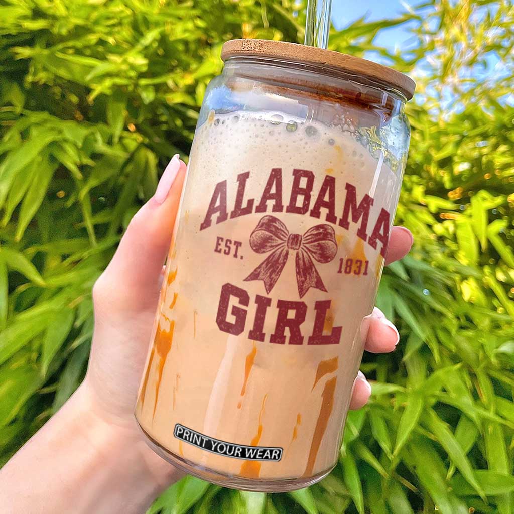 Alabama Girl Est 1831 Glass Can Coquette Bow AL State Sports Game Day Fan