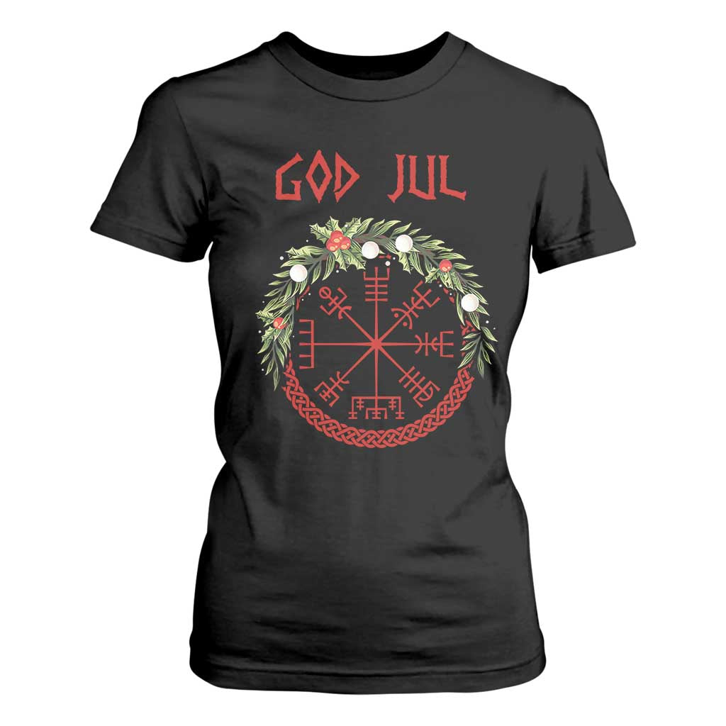 Yule Pagan T Shirt For Women God Jul Christmas Nordic Vegvisir Wreath TS11 Black Print Your Wear