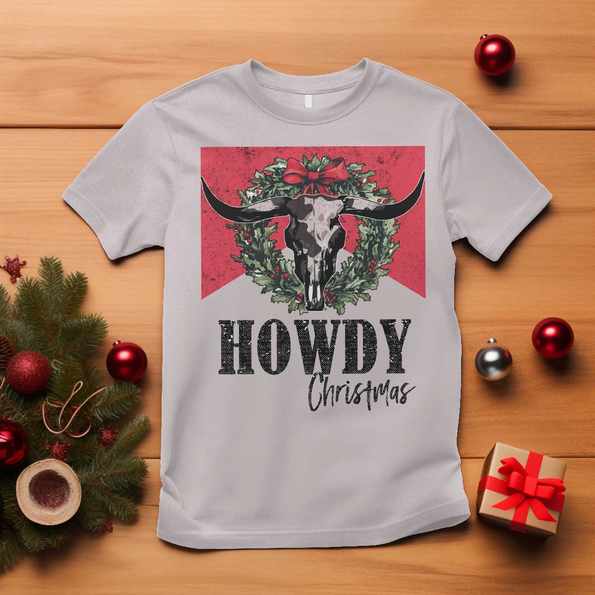 Western Howdy Christmas T Shirt Longhorn Skull Xmas Wreath TS11 Ice Gray Print Your Wear