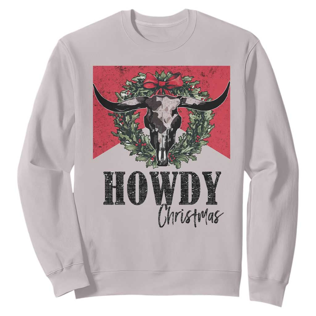 Western Howdy Christmas Sweatshirt Longhorn Skull Xmas Wreath TS11 Ice Gray Print Your Wear